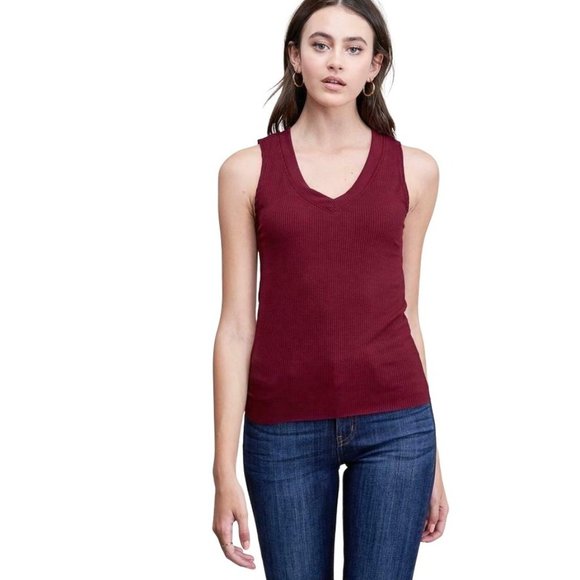 Merlot Red Ribbed Tank Top Shell Size S Pullover Sleeveless V Neck - Picture 3 of 7